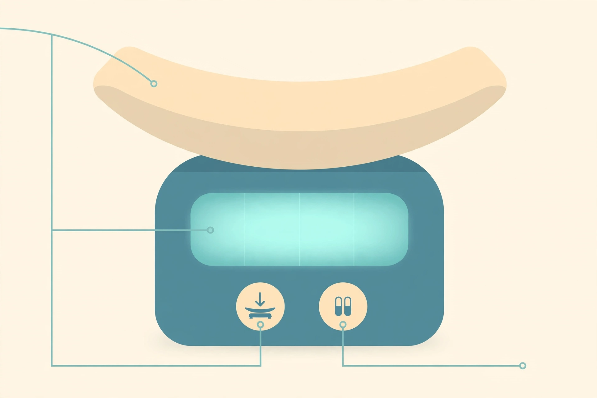 Illustration highlighting key baby scale features: curved weighing tray, backlit LCD display, tare and hold buttons