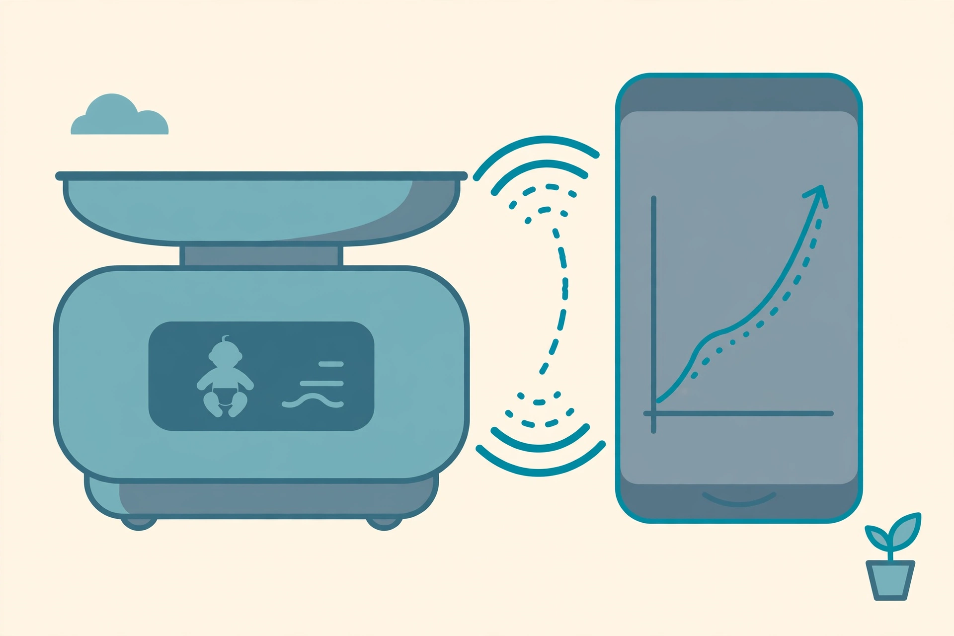 Illustration of the Beurer BY90 smart baby scale connected to a phone app