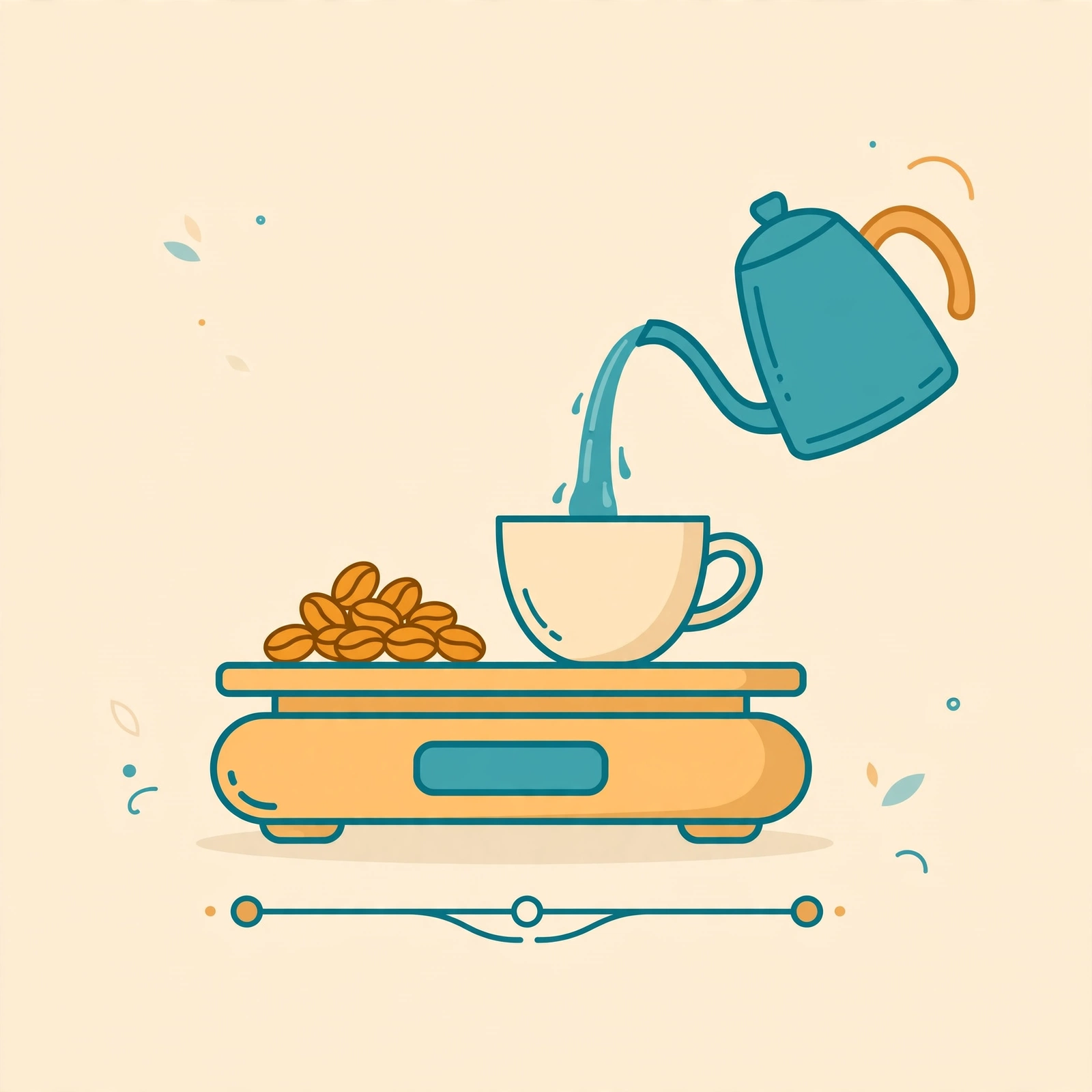 Illustration of coffee brew ratios showing 1:16 pour-over and 1:2 espresso dosing