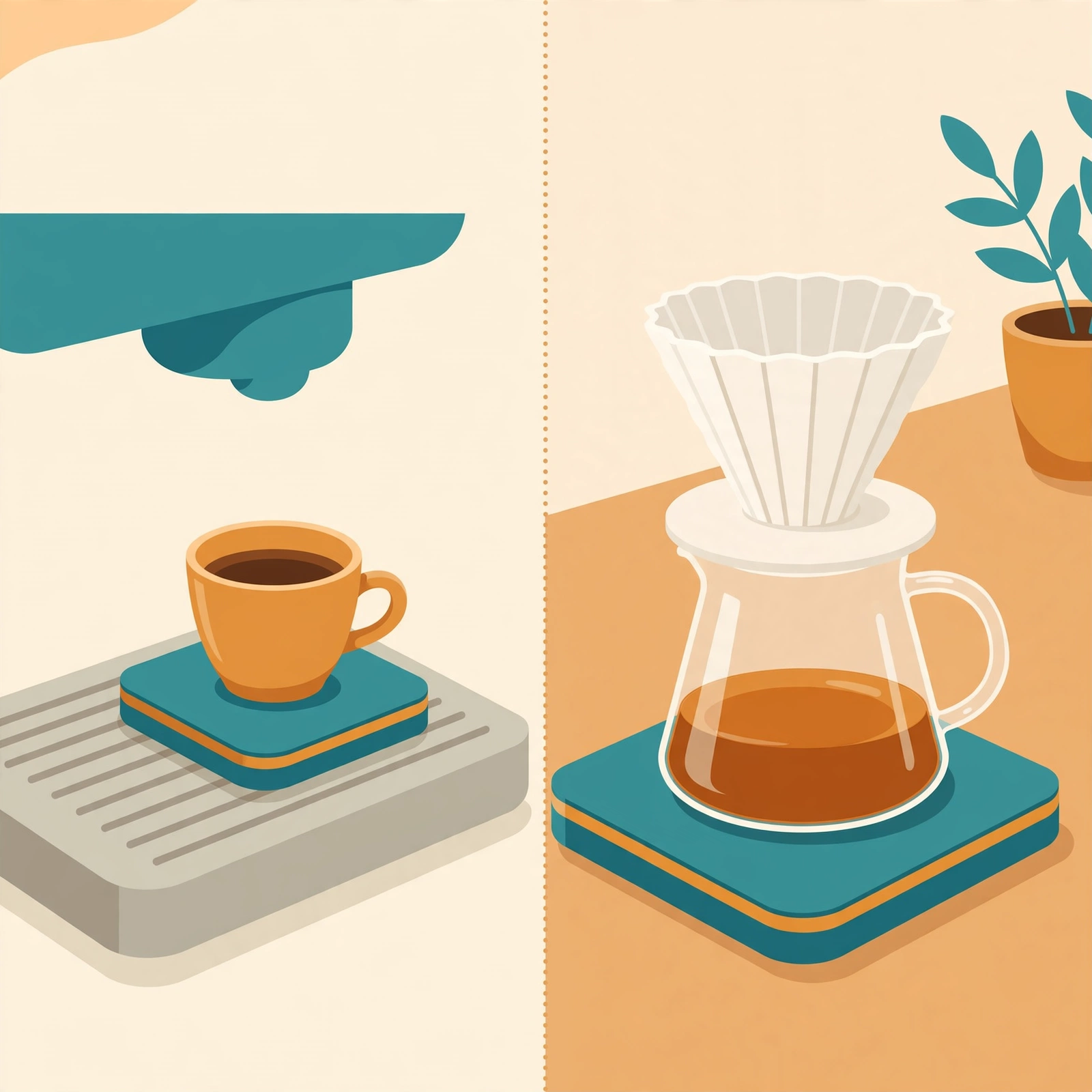 Illustration comparing an espresso scale on a drip tray with a pour-over scale under a V60 dripper