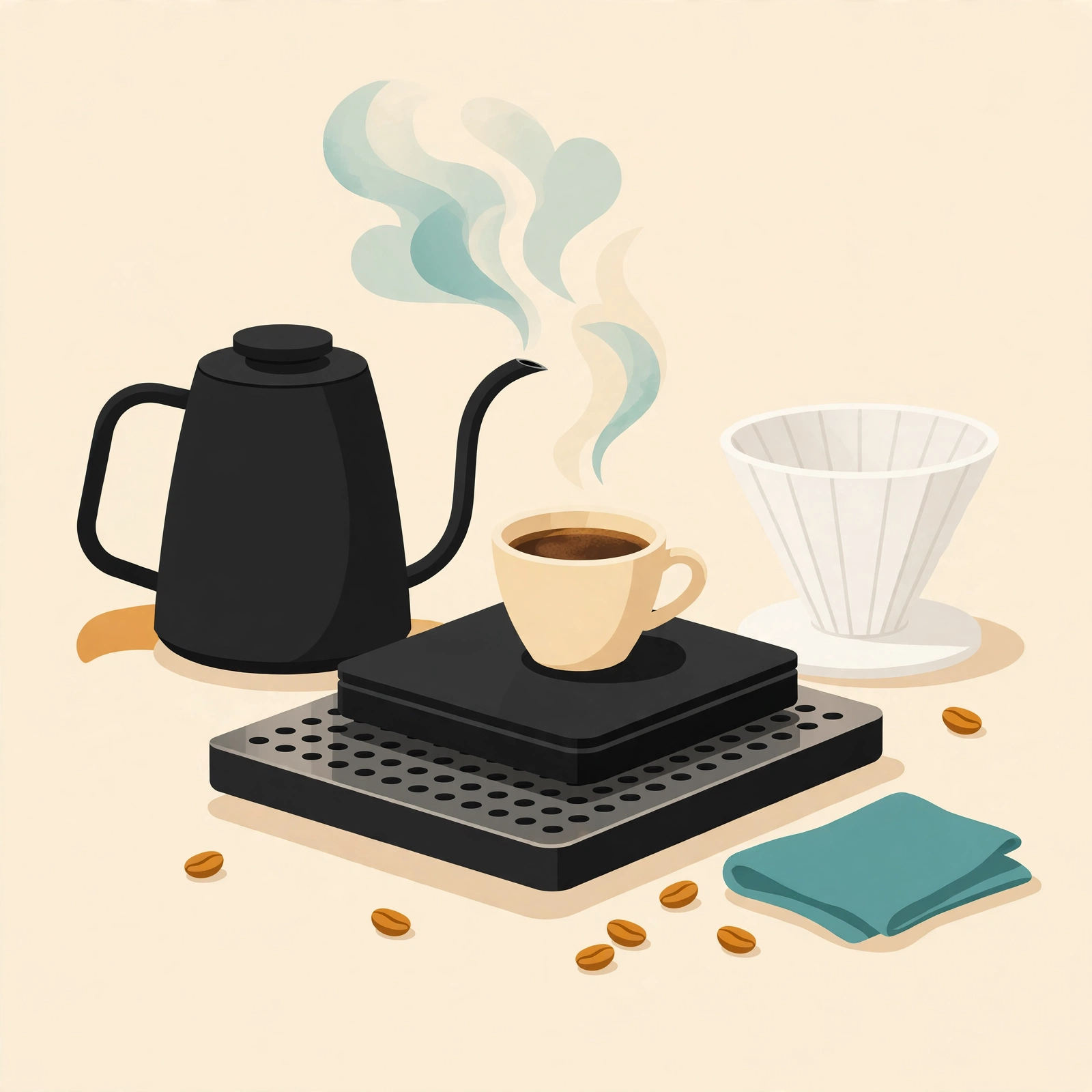 Illustration of a precision coffee scale weighing espresso on a drip tray with pour-over dripper nearby