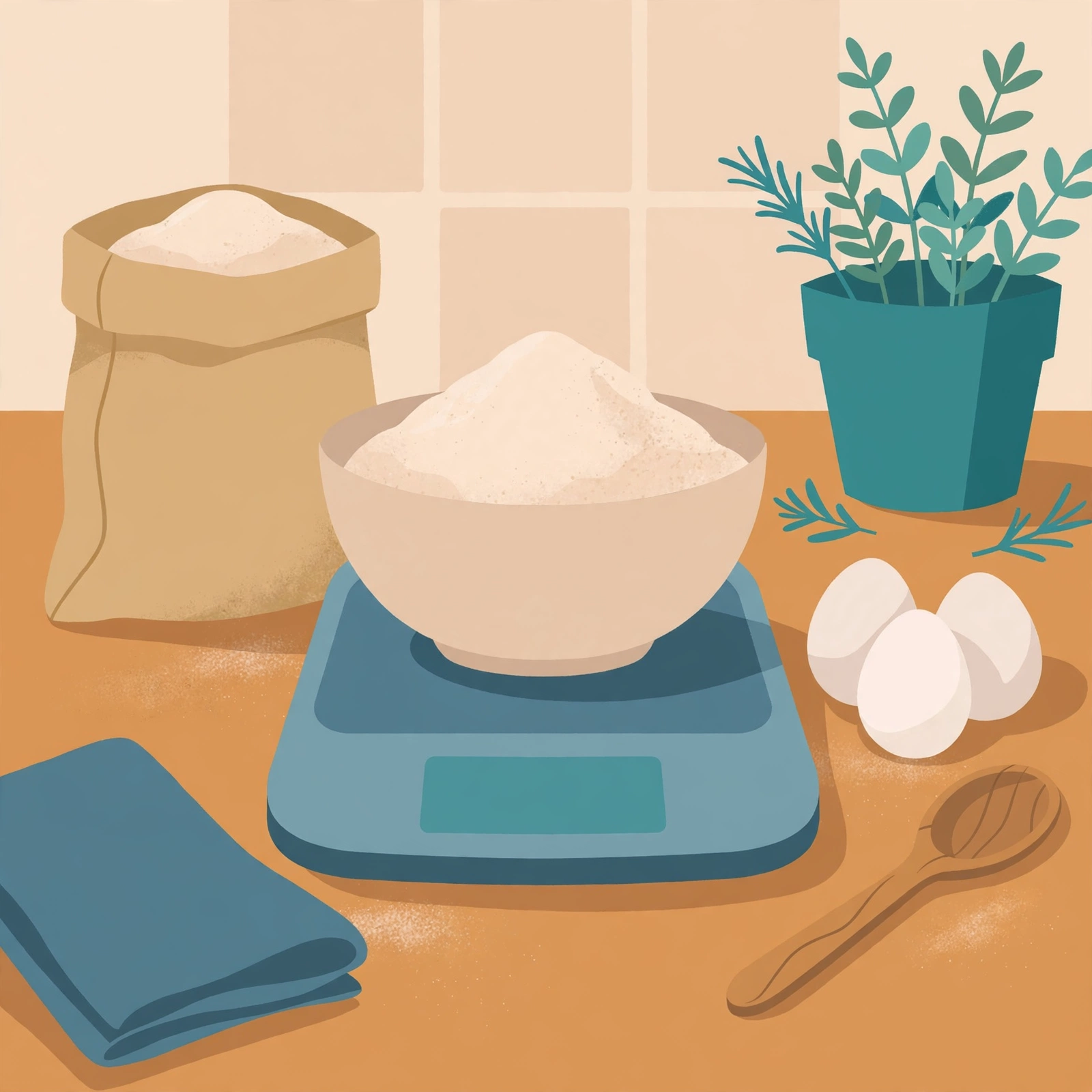 Illustration of a digital kitchen scale weighing flour with baking ingredients around it