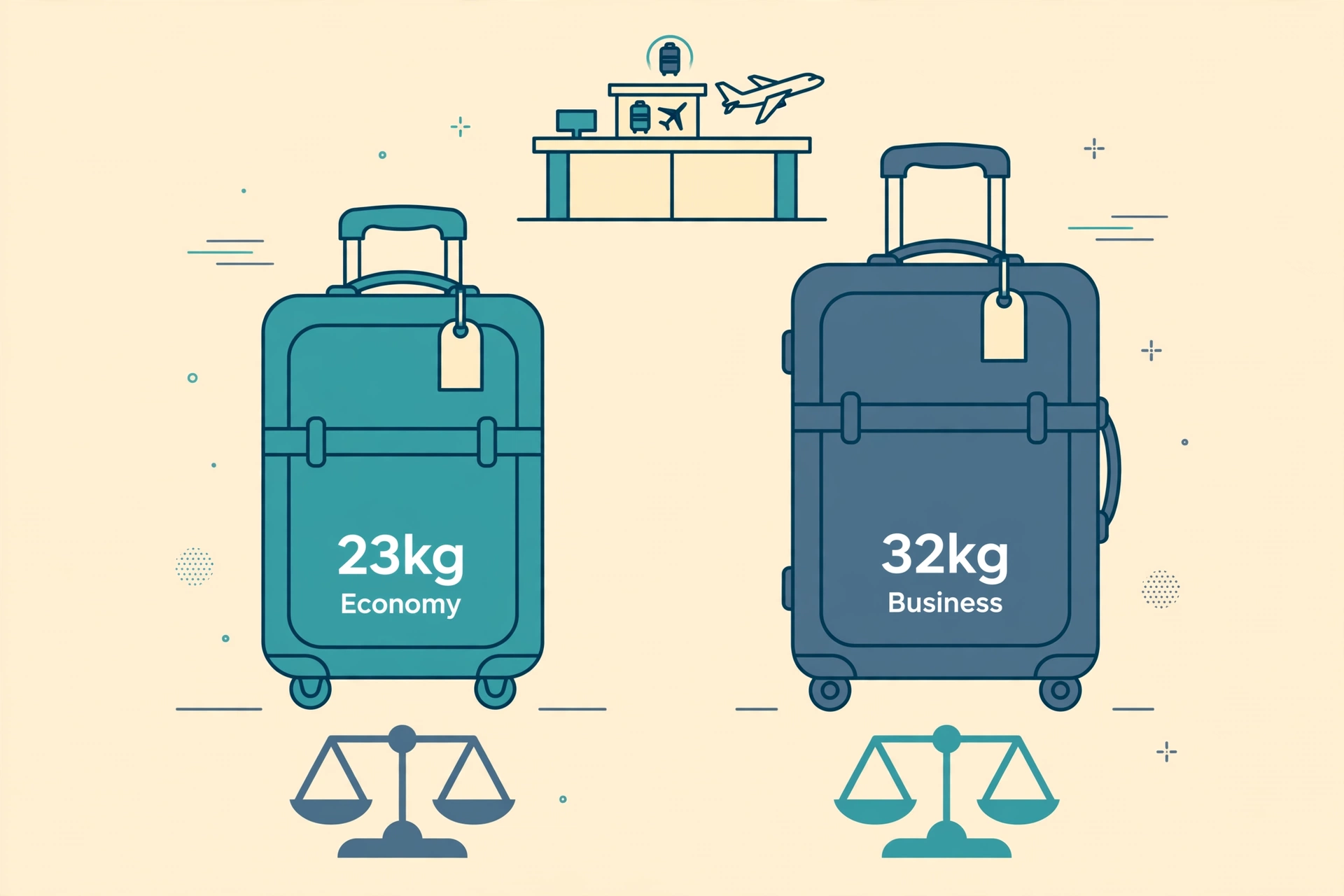 Illustration comparing airline checked baggage weight limits of 23kg and 32kg