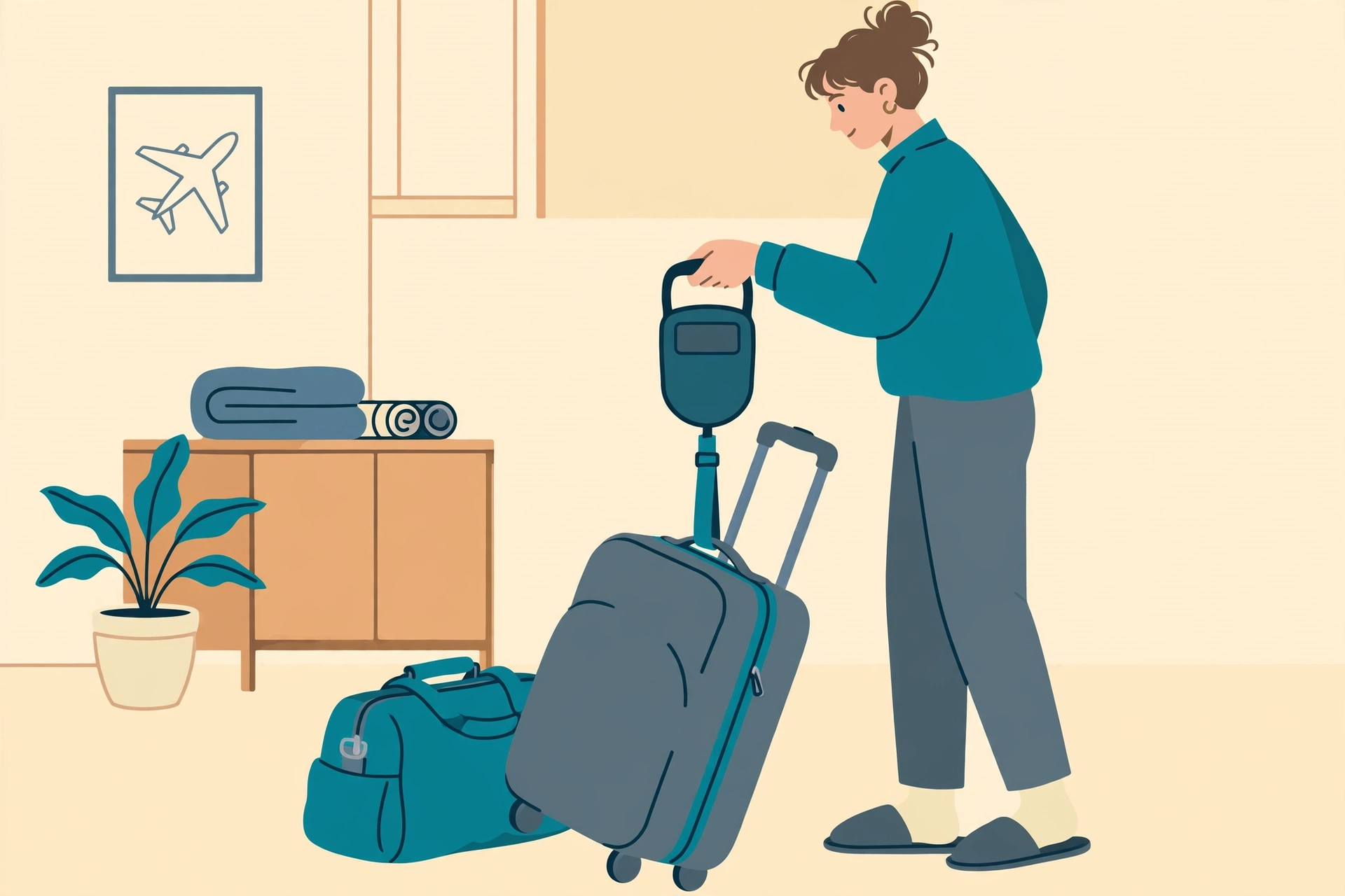 Illustration of a digital luggage scale weighing a suitcase at home before a flight