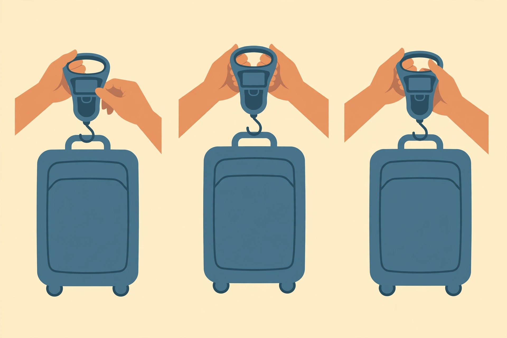 Illustration showing how to hang a suitcase freely from a handheld luggage scale