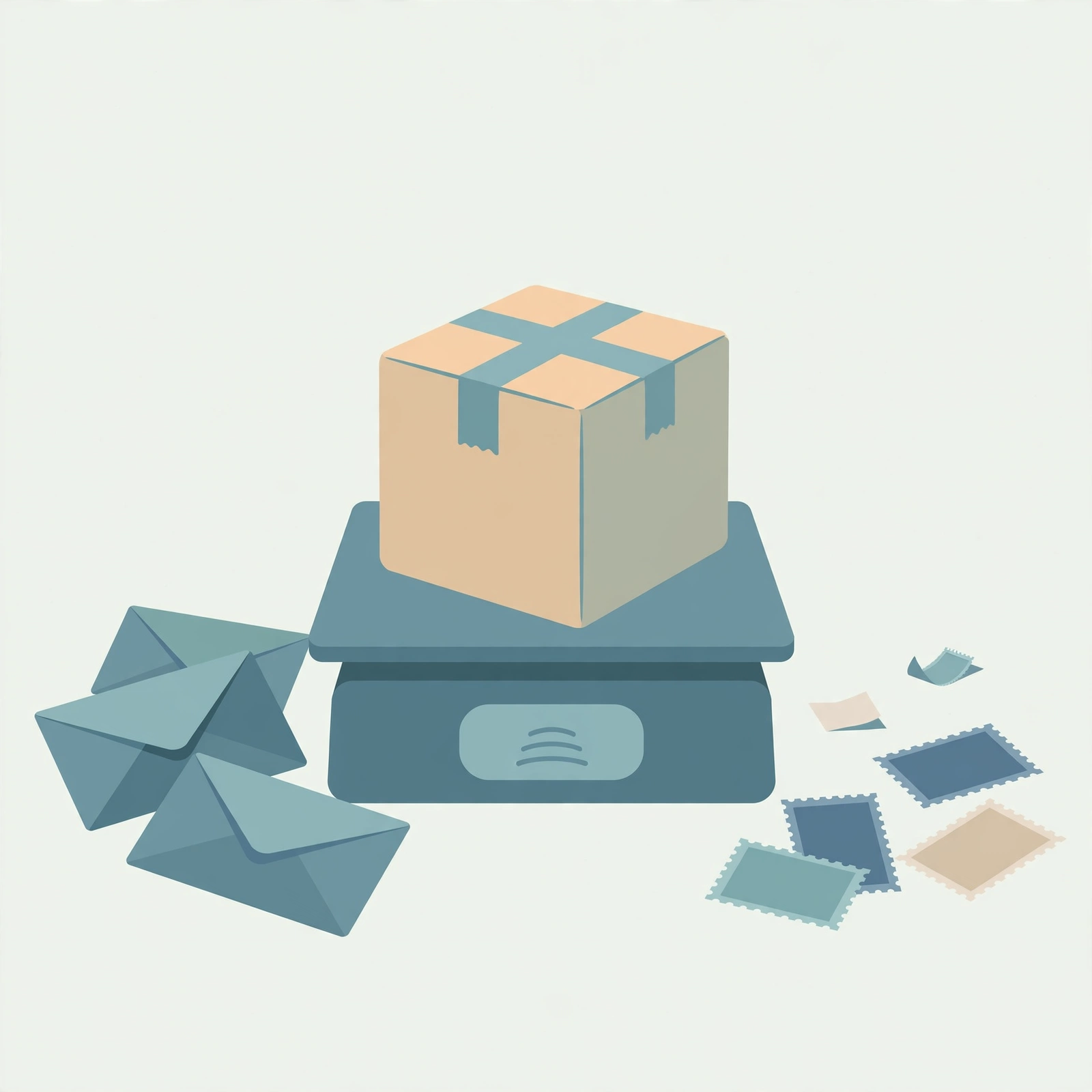 Illustration of a digital postal scale weighing a parcel box with envelopes nearby