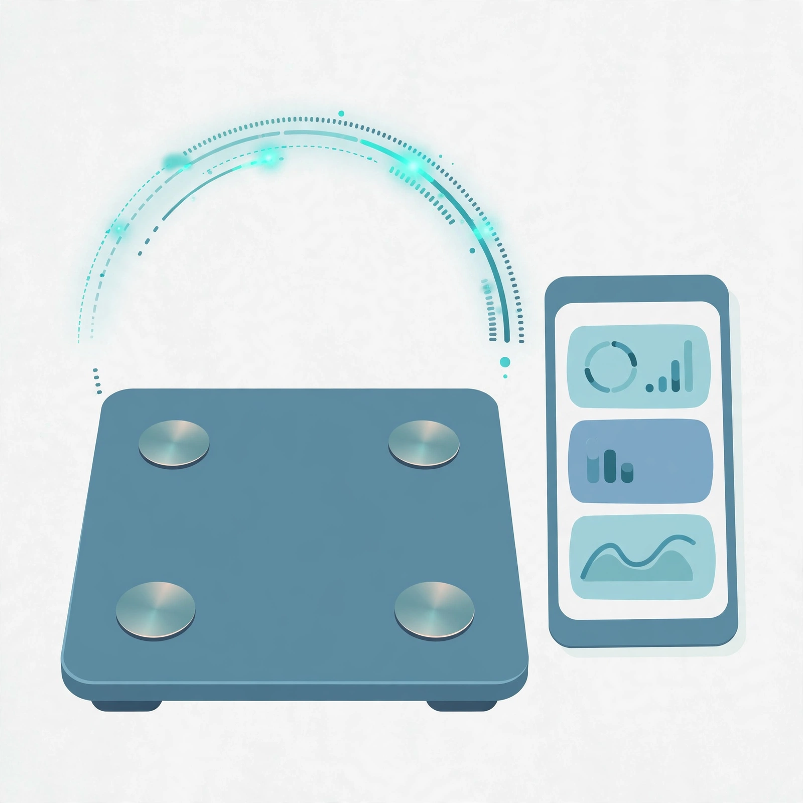 Illustration of a smart body composition scale measuring body fat with a phone showing body metrics