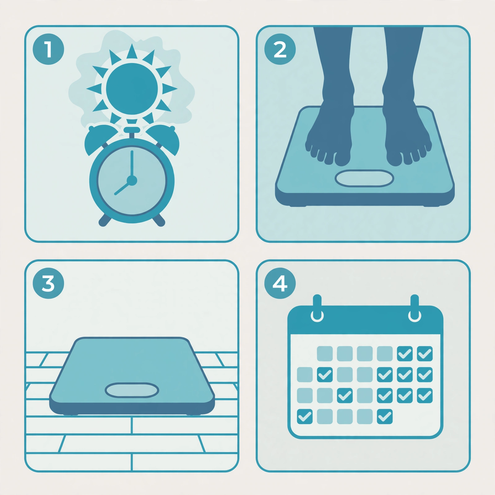 Illustration showing the correct routine for consistent body fat measurement: morning weigh-in, bare feet, hydrated