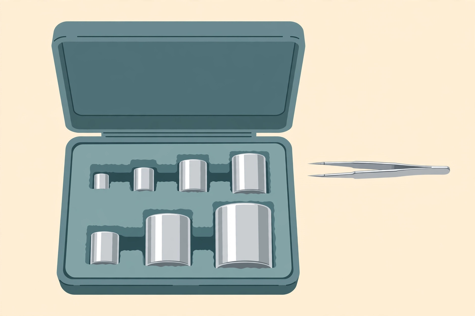 Illustration of precision calibration weights in a storage case with tweezers