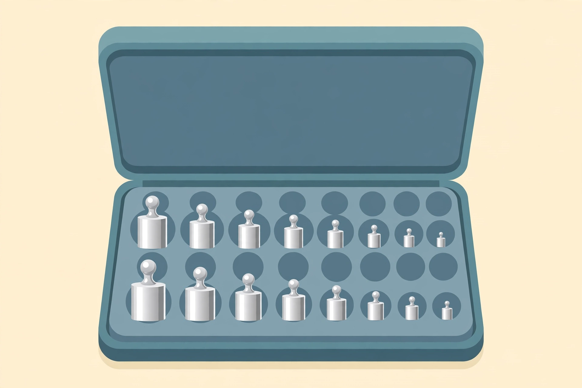 Illustration of the American Weigh Scales 14-piece calibration weight kit