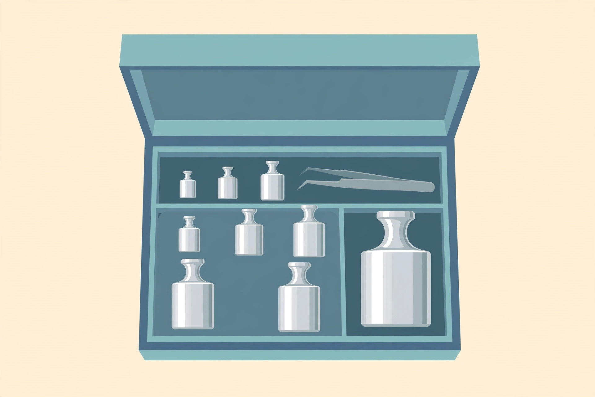 Illustration of the Fuzion 210g M1 calibration weight kit with steel tweezers
