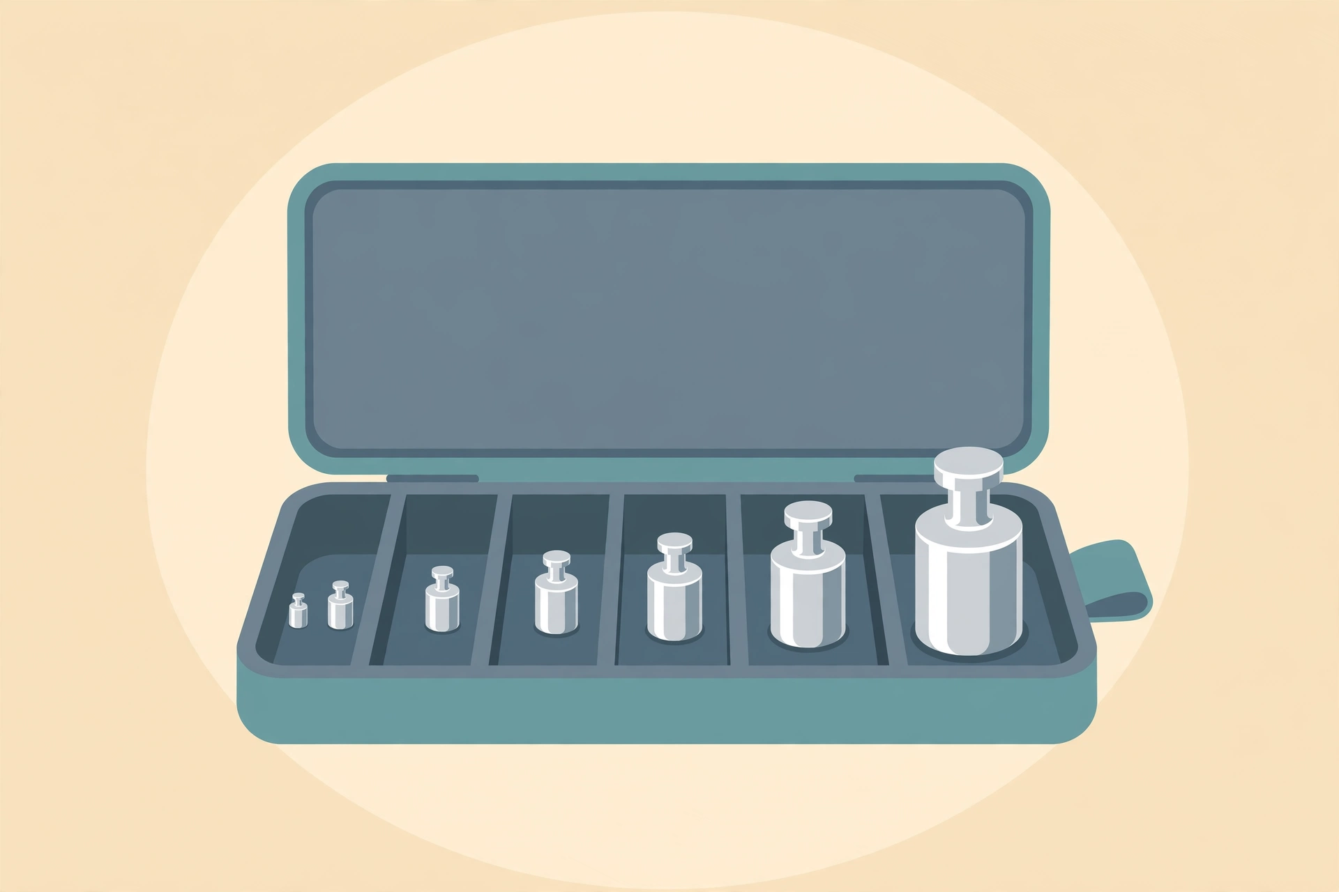 Illustration of the Romeda 7-piece small calibration weight set