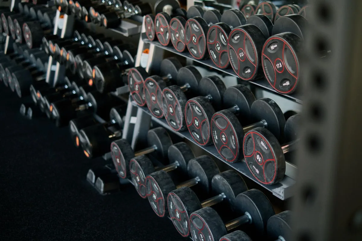 A rack of dumbbells in a gym, where 55 kg is a familiar milestone on the way up