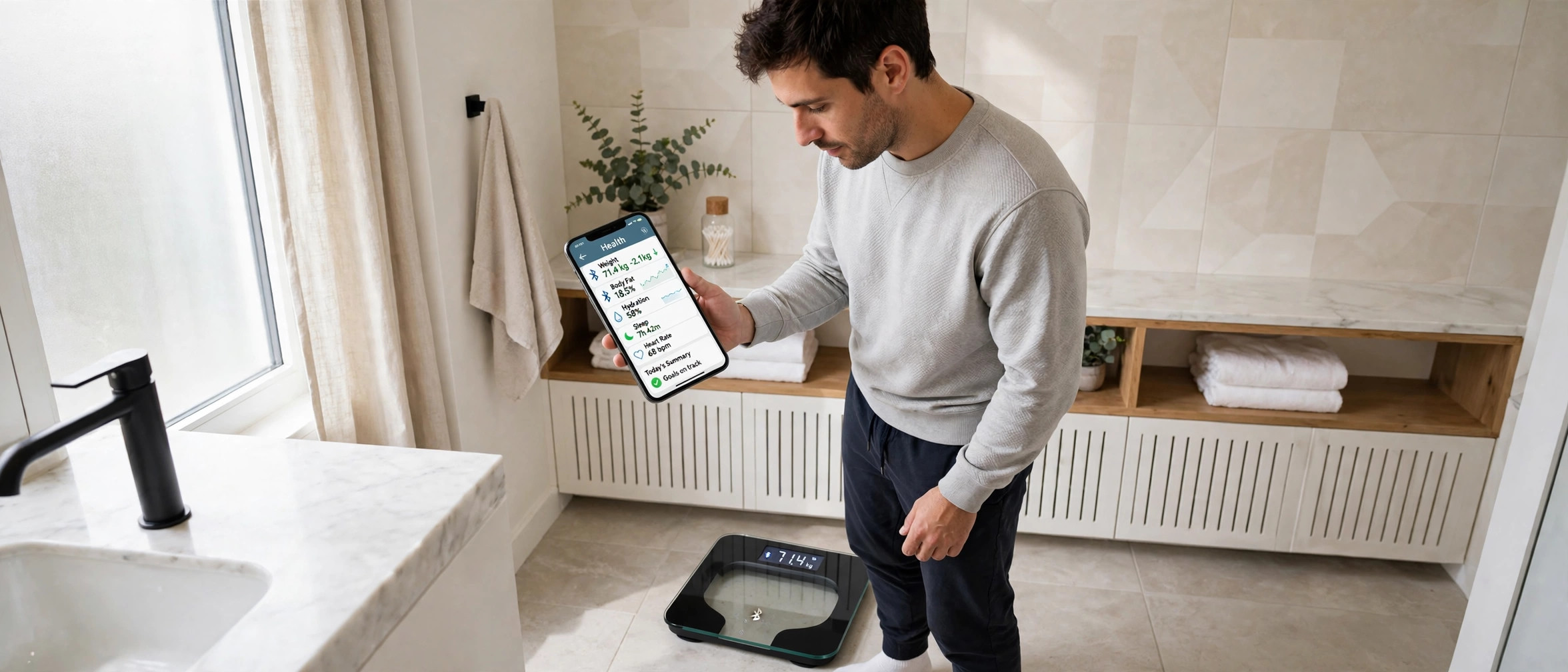 Person checking health data on a smartphone beside a notebook